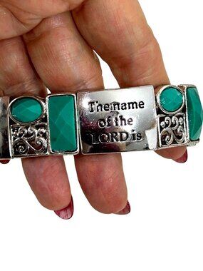 Christian Inspiration Bracelet Strong Tower Proverb Silver Tone Faux Turquoise